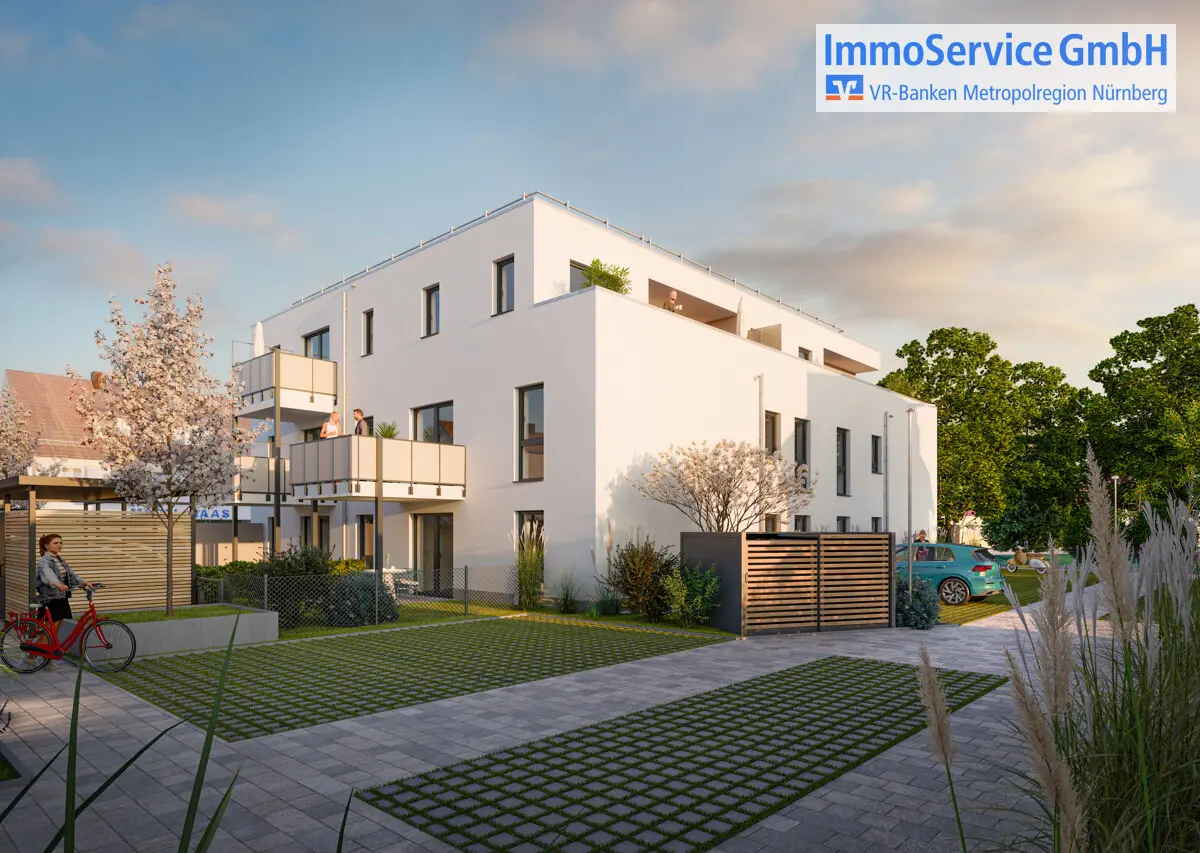 Visualisierung der beiden Mehrfamilienhäuser Neue Mitte in Feucht von der Straßenseite