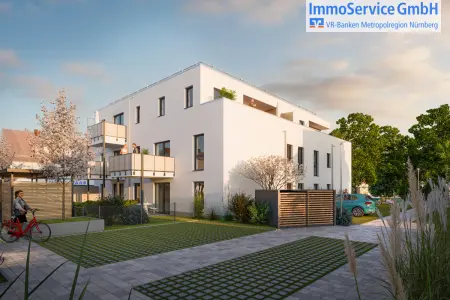 Visualisierung der beiden Mehrfamilienhäuser Neue Mitte in Feucht von der Straßenseite