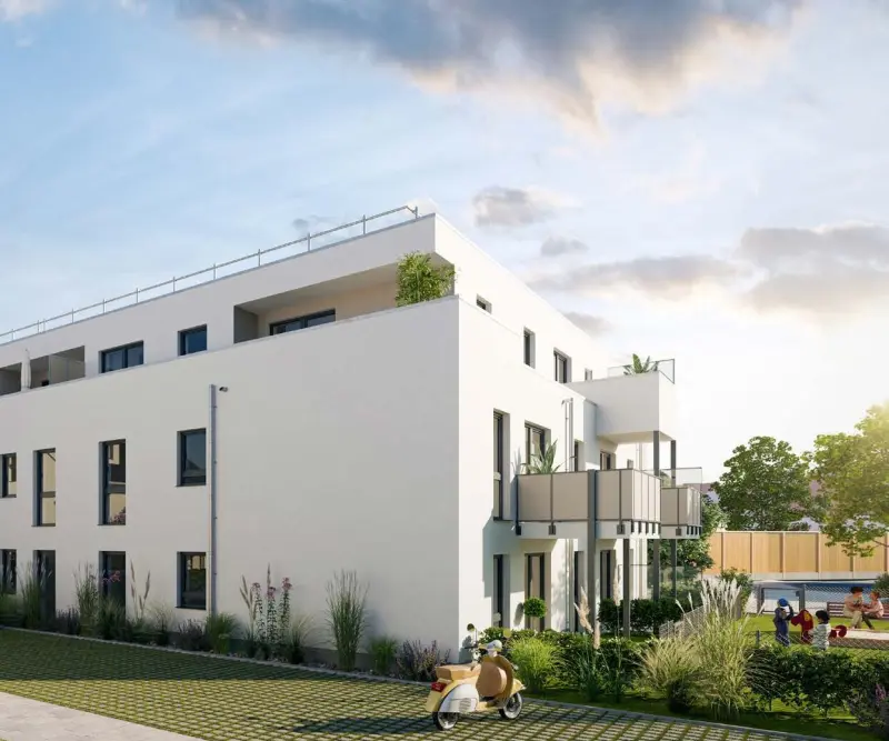 Visualisierung der Neuen Mitte Feucht von der Straße mit Tiefgaragenzufahrt