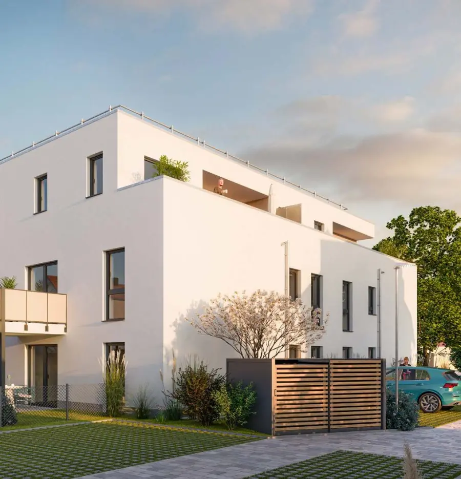 Visualisierung der Neuen Mitte Feucht mit Vorgarten und Fahrradfahrerin