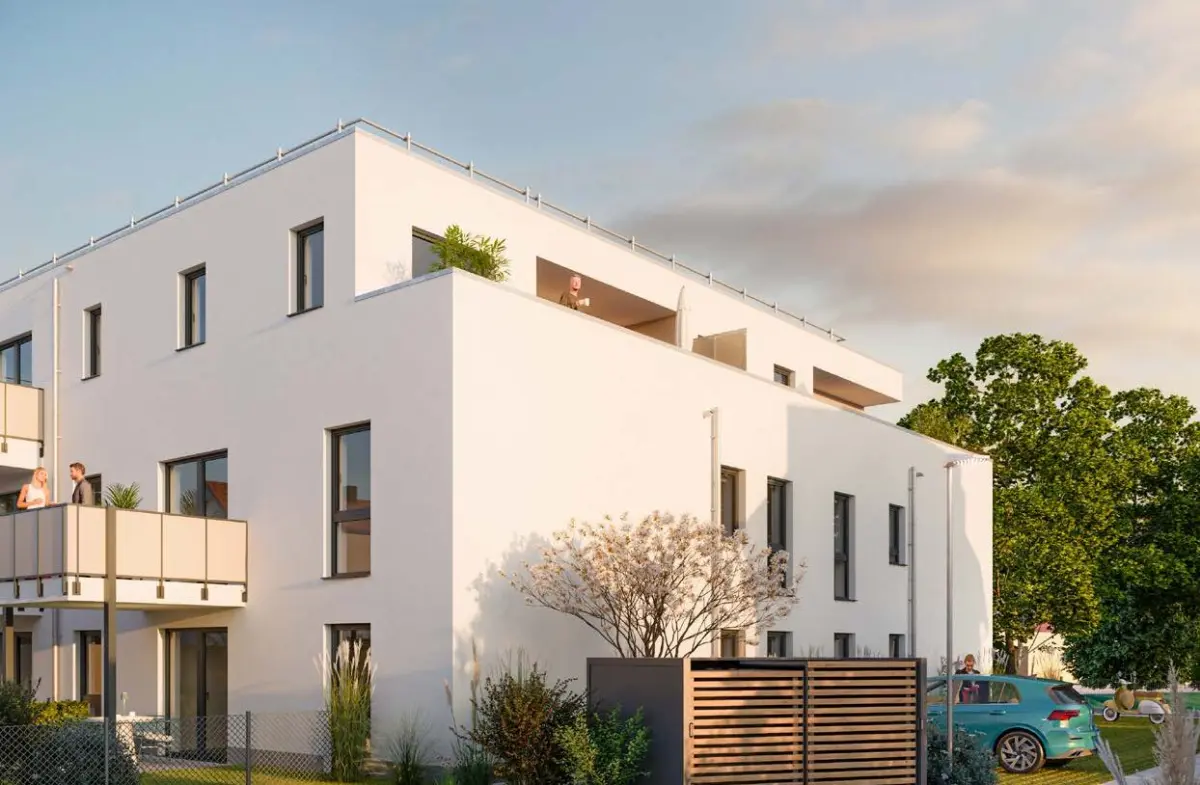 Visualisierung Haus 1 der Neuen Mitte Feucht mit Balkonen und Terrassen