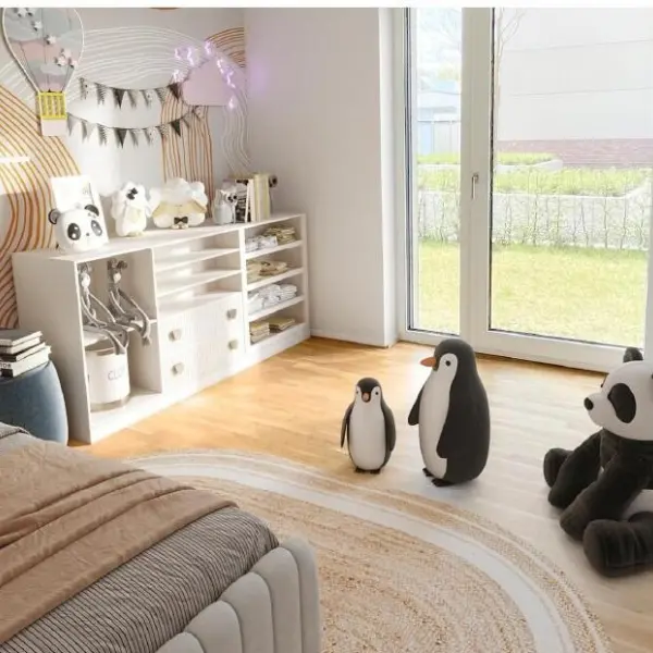 Visualisierung eines Kinderzimmers mit Spielecke und Gartenblick